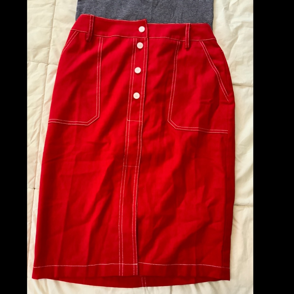 SALE Red Soft Denim Linen Pencil Skirt Button Up Pockets Cotton S M L - Picture 7 of 15